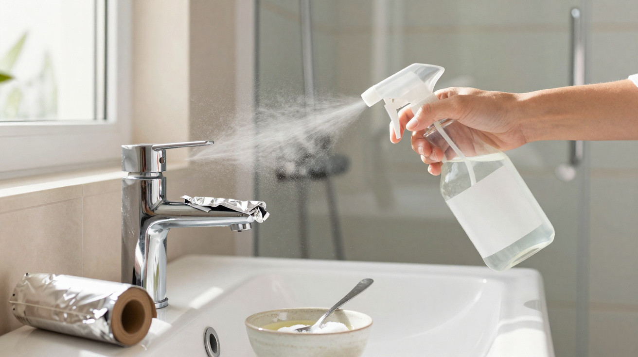 Hand sprüht Reinigungsmittel auf Wasserhahn im Badezimmer über Waschbecken mit Aluminiumfolie und Schüssel.