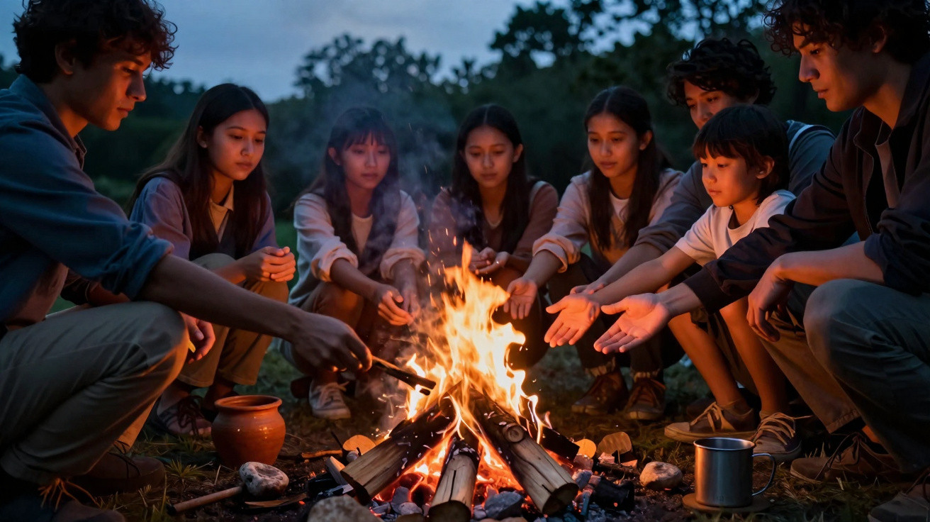 Gruppe von Jugendlichen sitzt am Lagerfeuer und wärmt Hände, umgeben von Natur bei Dämmerung.