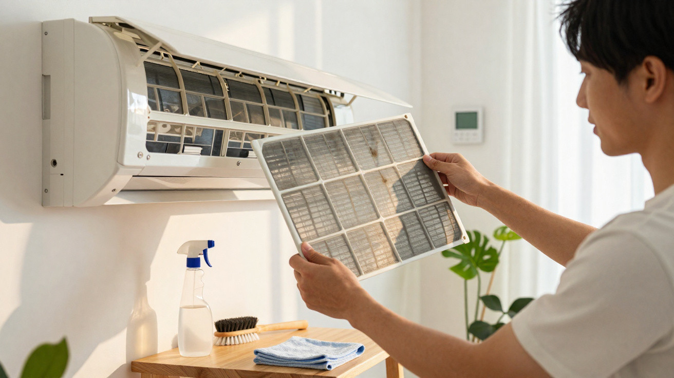 Mann reinigt den Luftfilter einer geöffneten Wand-Klimaanlage in hellem Raum mit Putzutensilien.