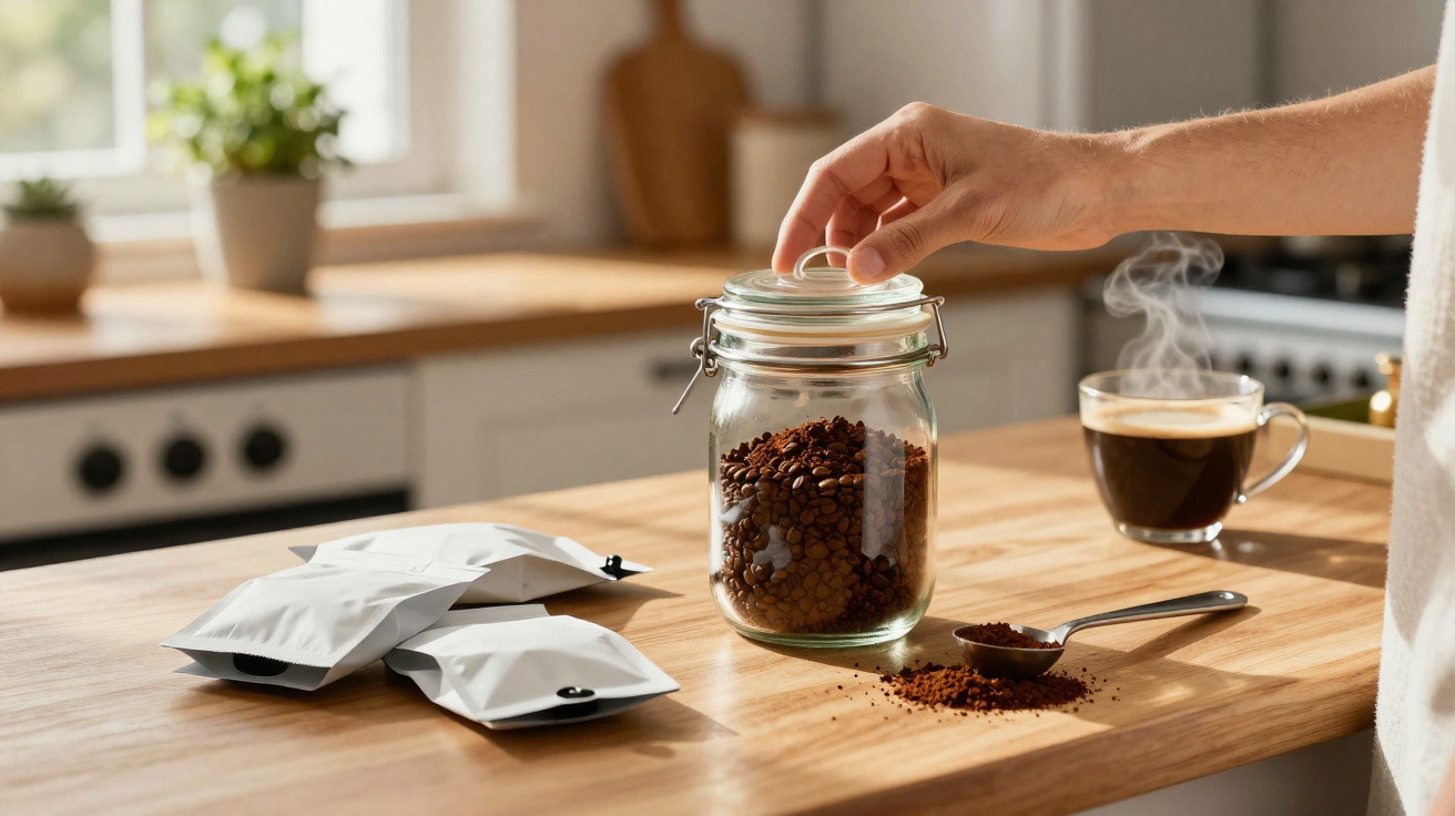 Hand öffnet Glas mit Kaffeebohnen, daneben Kaffeepulver auf Löffel und dampfende Tasse Kaffee auf Holzplatte.
