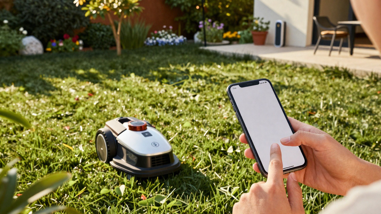 Person steuert Mähroboter im Garten mit Smartphone-App bei Sonnenschein.