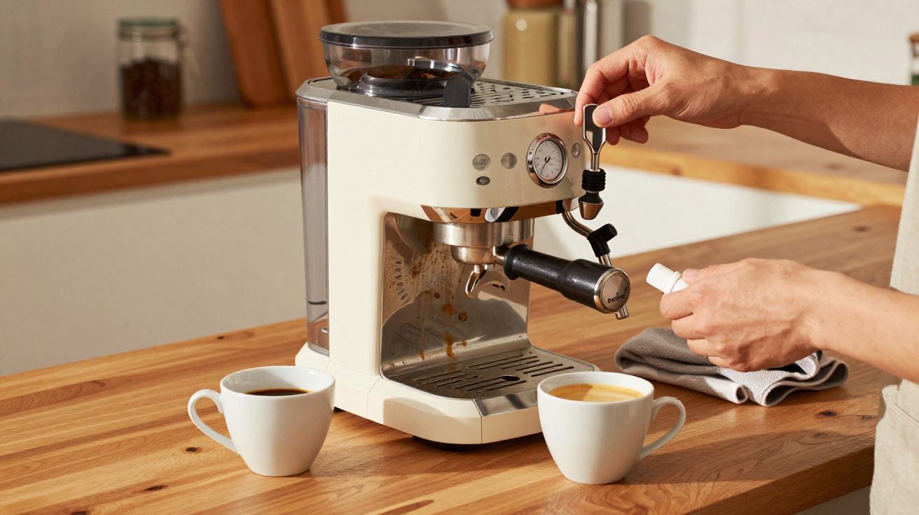 Person reinigt die Dampflanze einer Espressomaschine auf einer Küchenarbeitsplatte mit zwei Tassen Kaffee.