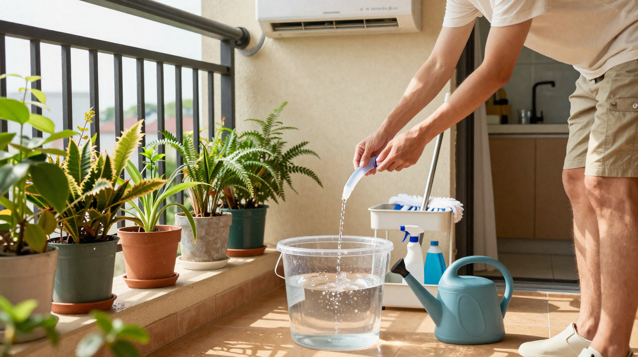 Person gießt Wasser aus Messbecher in großen Eimer auf Balkon mit verschiedenen Pflanzen und Gießkanne.
