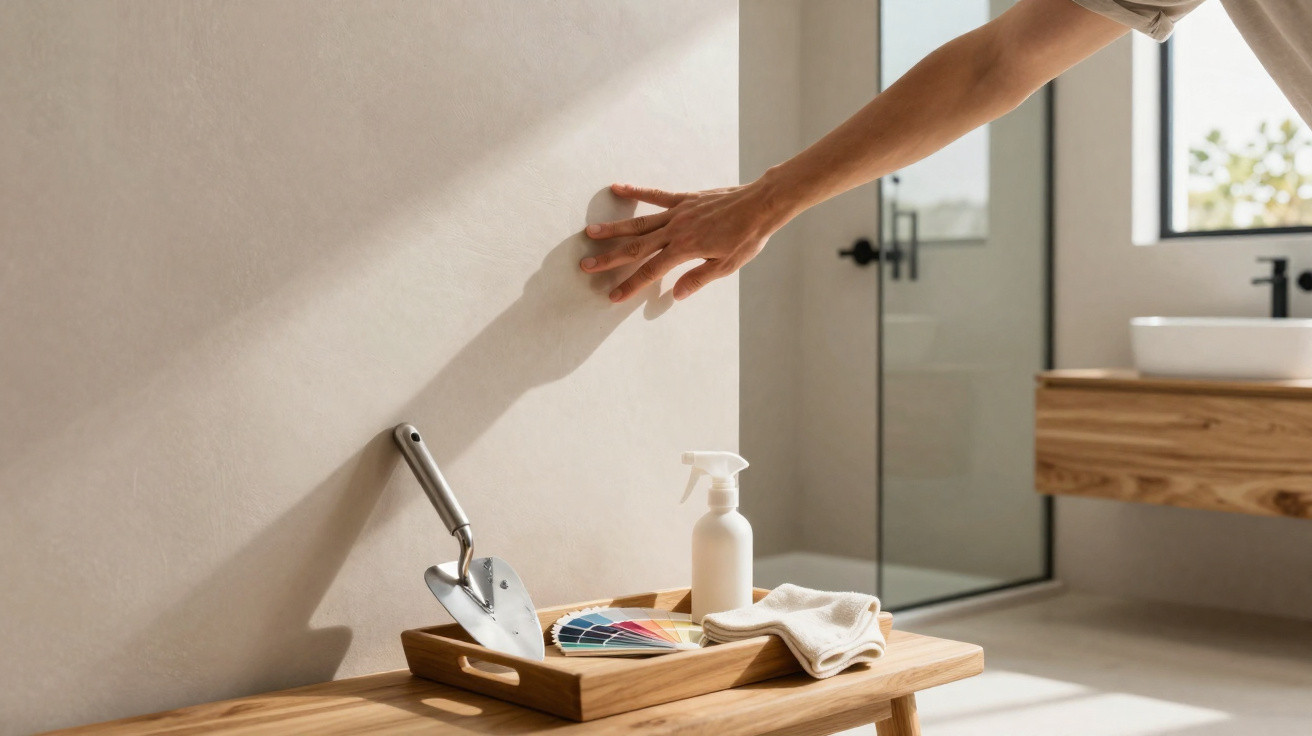 Hand berührt Wand im hellen Raum mit Farbpalette, Putzwerkzeug und Reinigungsmittel auf Holztisch.