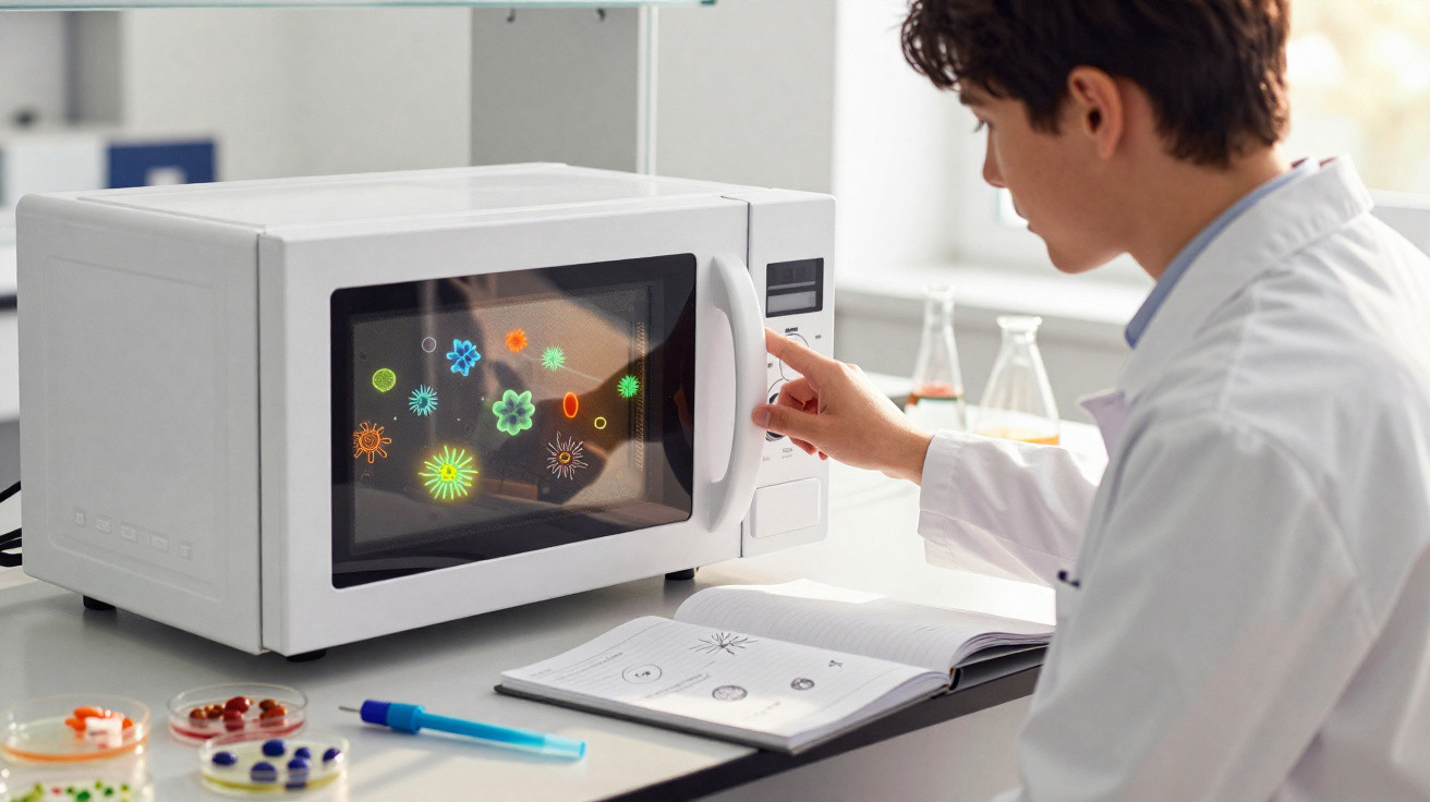 Wissenschaftler im Labor bedient Mikrowelle mit animierten bunten Viren auf dem Display und Laborutensilien.