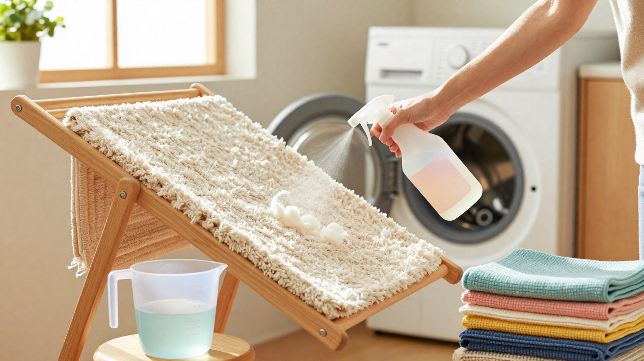 Hand sprüht Flüssigkeit auf einen Teppich, der auf einem Holzgestell vor einer Waschmaschine liegt.