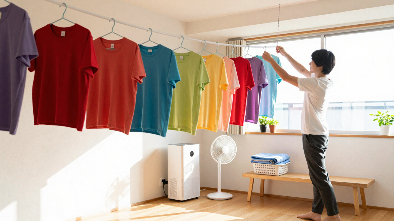 Person hängt bunte T-Shirts auf einer Leine in einem hellen Raum mit Fenster und Pflanzen auf.