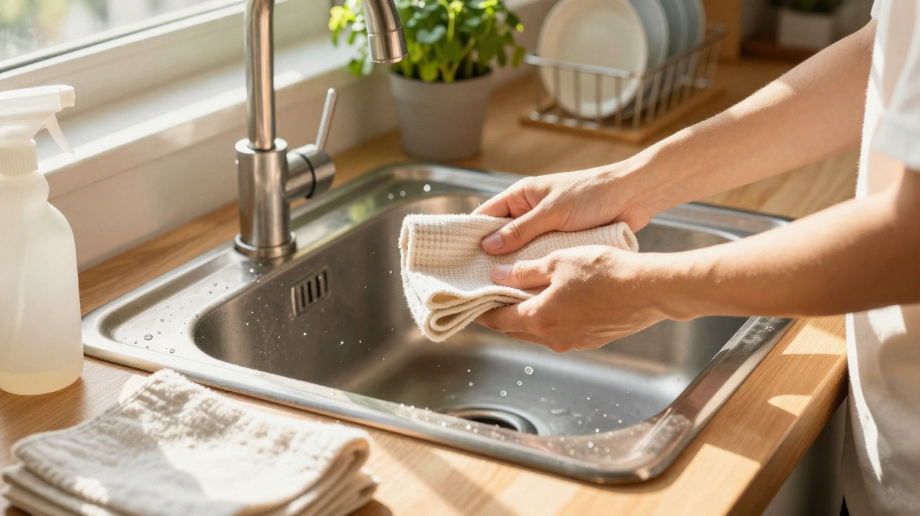Person trocknet ein Geschirrtuch über einer Spüle mit fließendem Wasser in einer hellen Küche.
