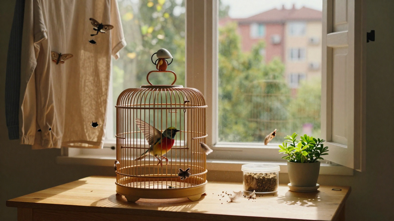 Vogel in goldfarbenem Käfig auf Holzkommode vor offenem Fenster mit Pflanze und fallenden Schmetterlingen