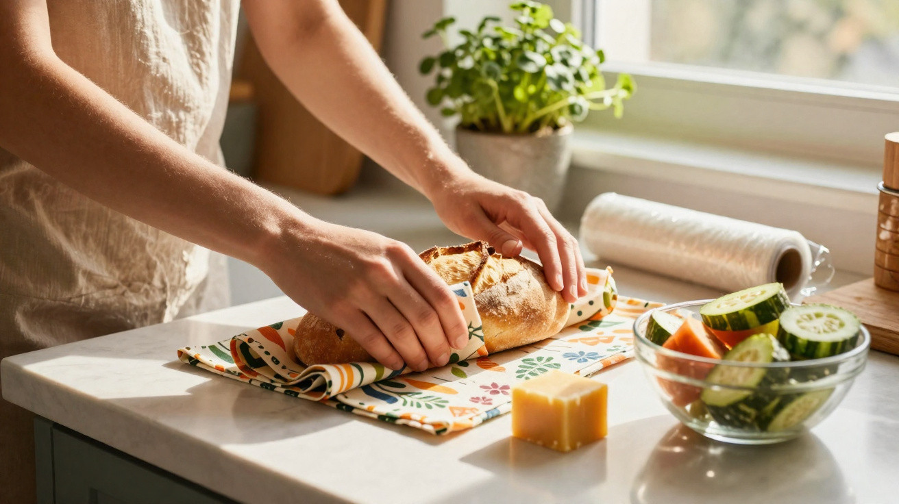 Person wickelt frisches Brot in ein buntes Tuch auf einer Küchenarbeitsplatte neben Gemüse und Käse.