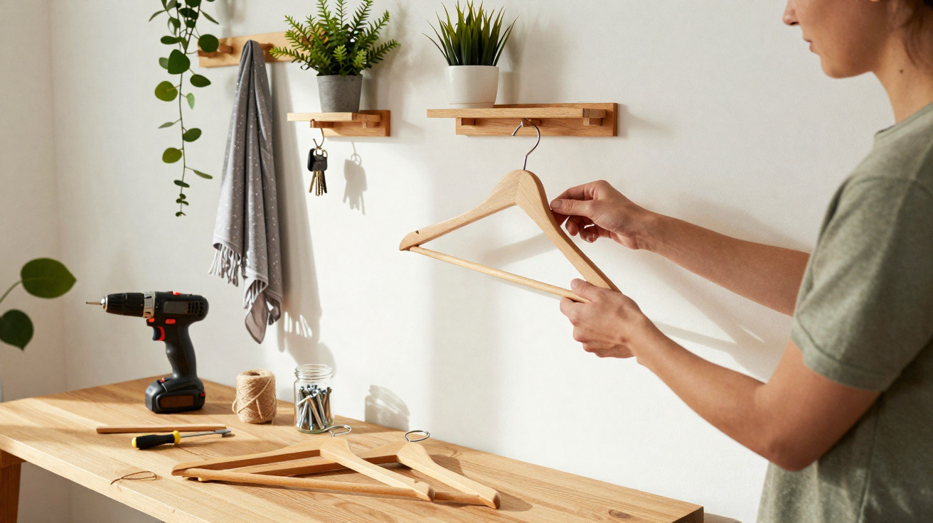 Person hält einen Holzkleiderbügel vor einer Werkbank mit Werkzeug und Pflanzen an der Wand.