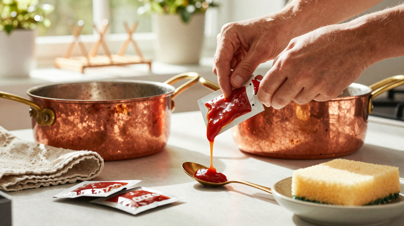 Hände drücken Ketchup aus einer Tüte auf einen goldenen Löffel, Kupfertöpfe und Schwamm auf Küchentheke.