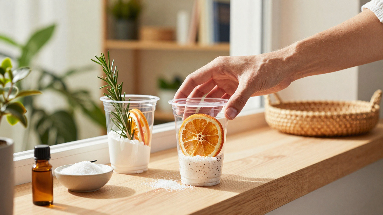 Hand greift nach Plastikbecher mit getrockneter Orangenscheibe und grobem Salz auf Fensterbank.