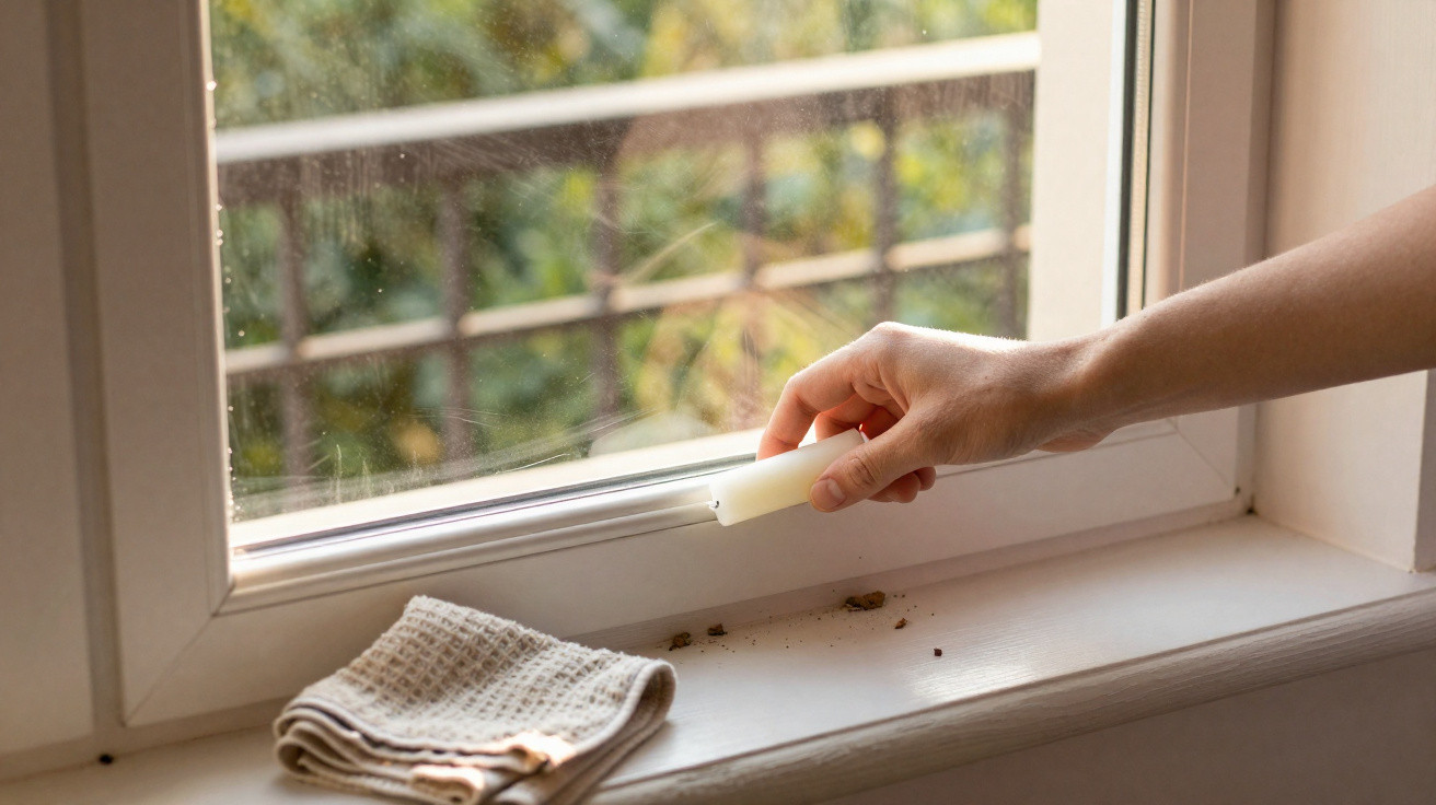 Hand mit Kerze beim Entfernen von Schmutz aus dem Fensterrahmen, Fensterbrett mit Tuch und Staub.
