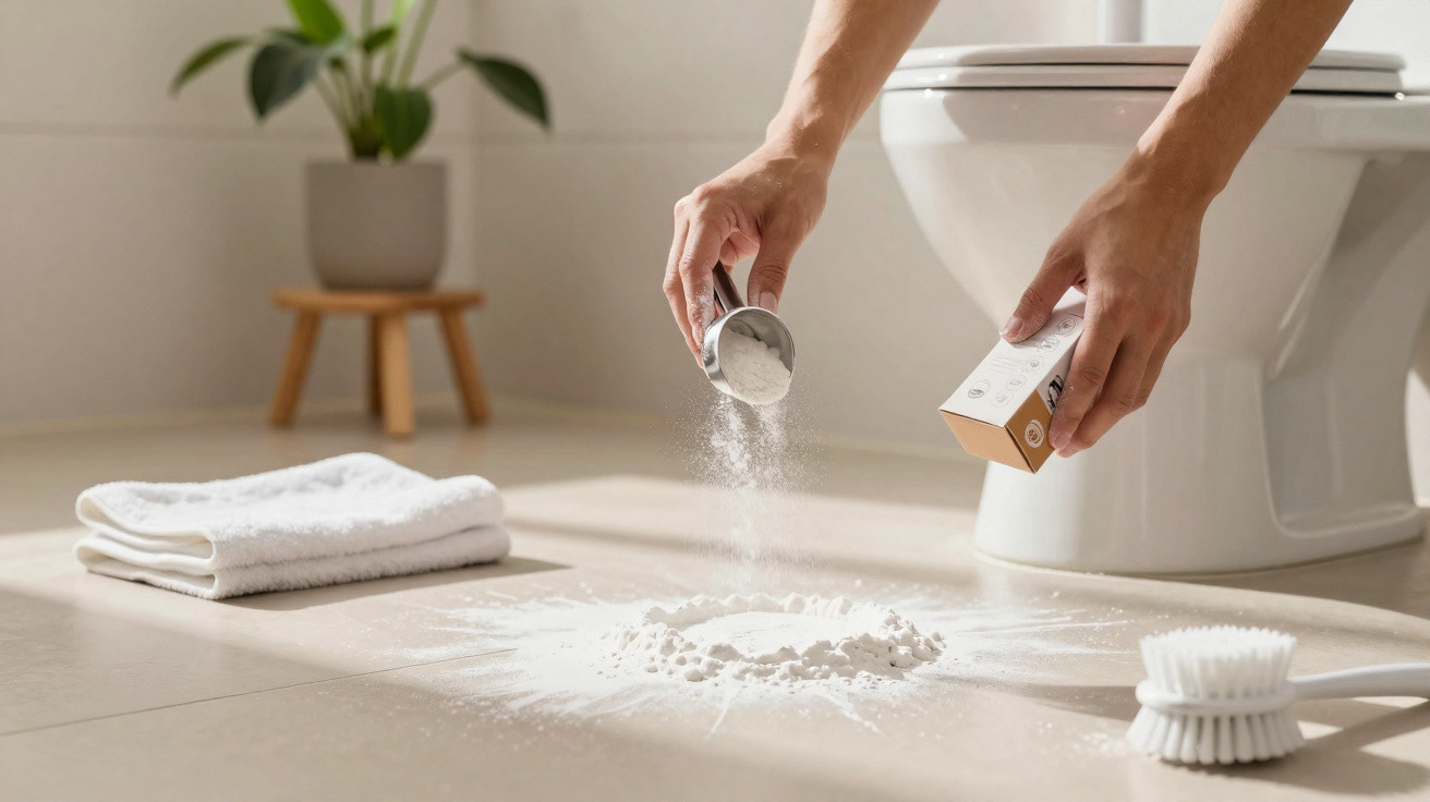 Person streut Backpulver auf Badezimmerboden nahe Toilette zum Reinigen oder Geruchsbeseitigen.
