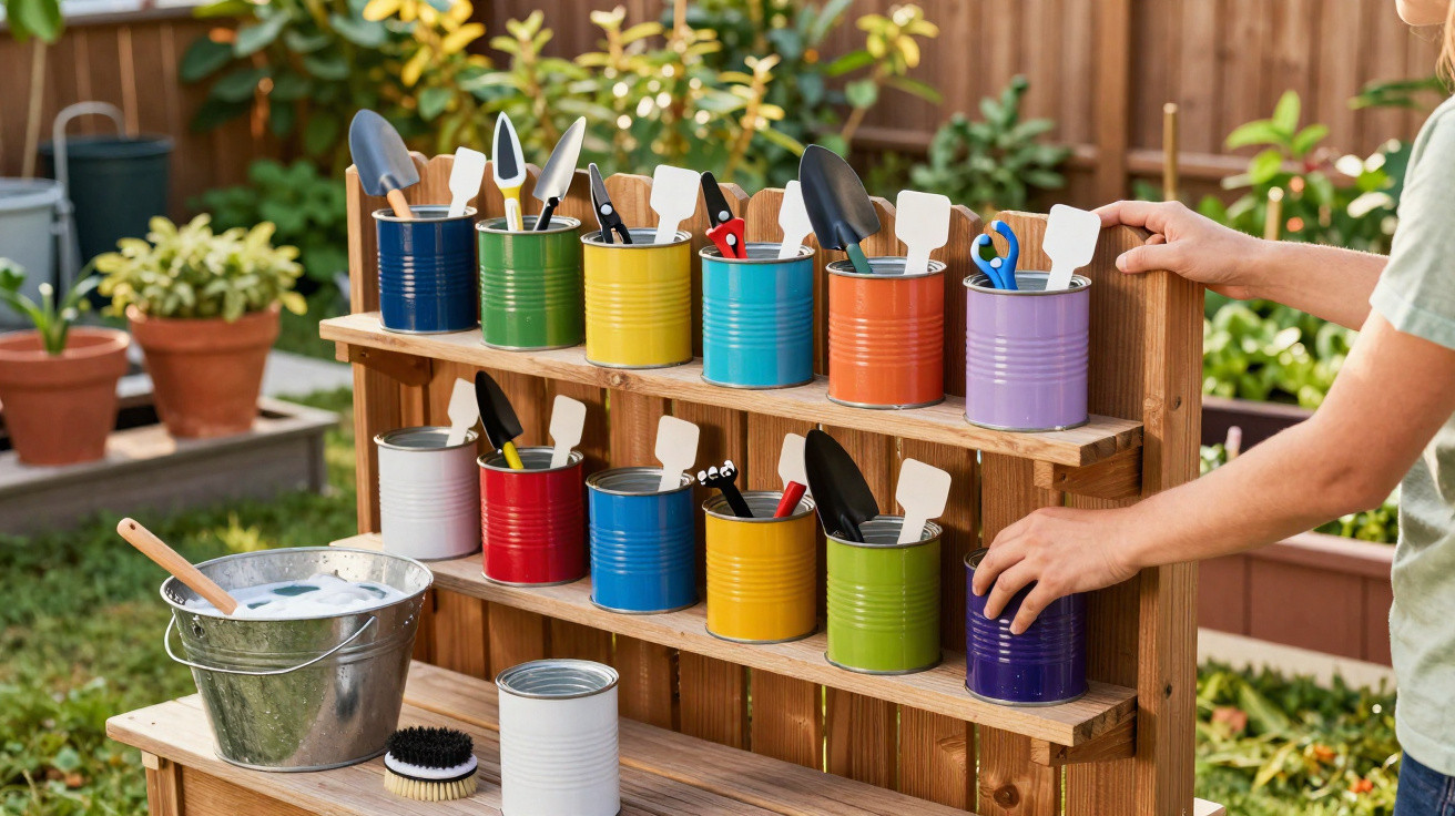 Bunte Dosen mit Gartengeräten auf einem Holzregal im Garten, Hände ordnen eine Dose.