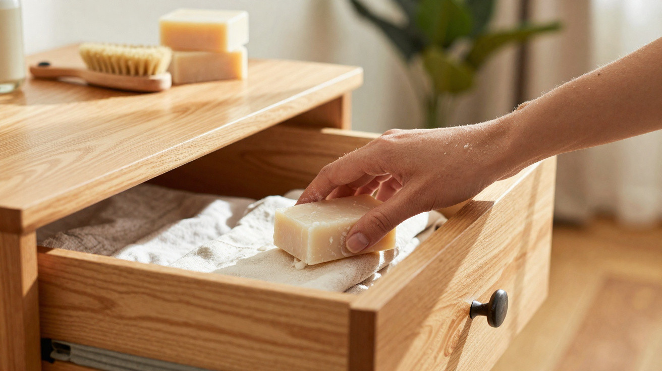 Hand legt Seifenstück in offene Holzschublade mit Handtüchern, Bürste und Seifenstück auf Tisch.