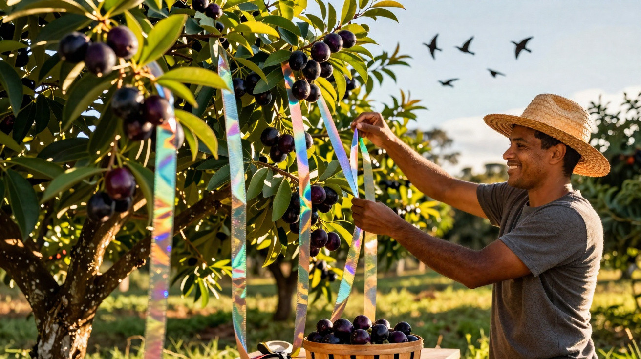 Mann mit Strohhut erntet reife Früchte von einem Baum, bunte Bänder hängen zwischen den Ästen, Vögel fliegen.