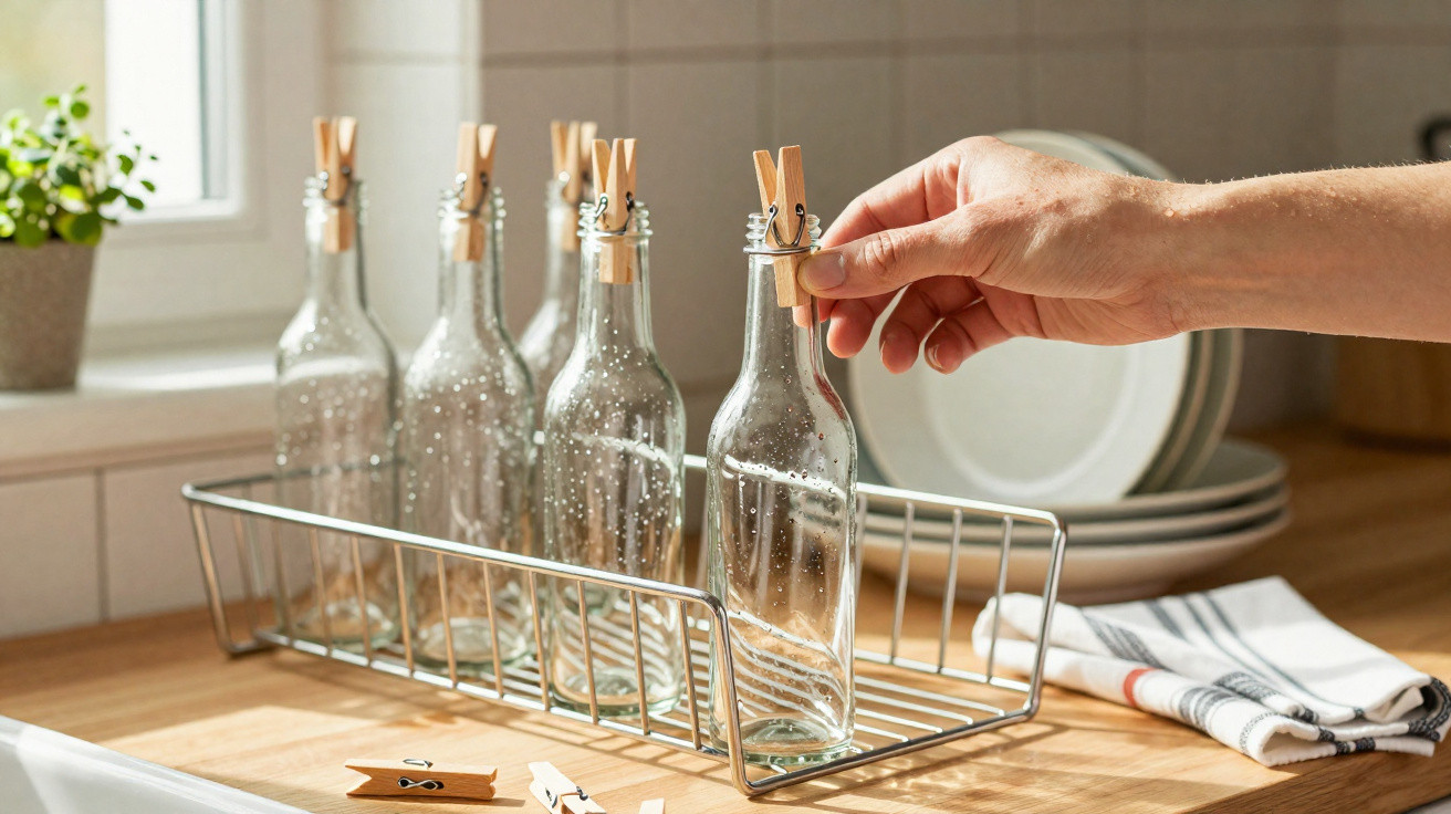 Hand befestigt Holzklammer an leerer Glasflasche im Abtropfgestell auf Küchenarbeitsplatte
