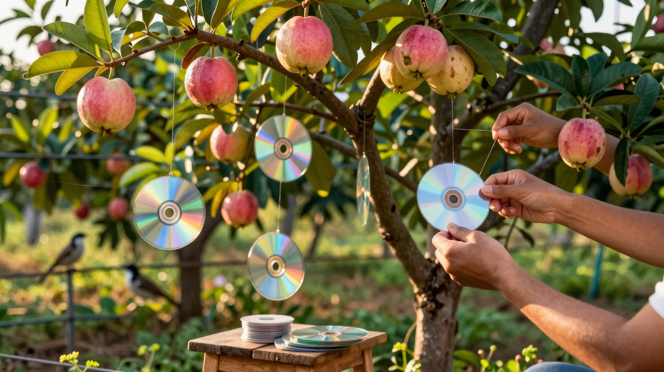 Person hängt CDs an Apfelbaum, um Vögel fernzuhalten, im Garten bei Sonnenlicht.