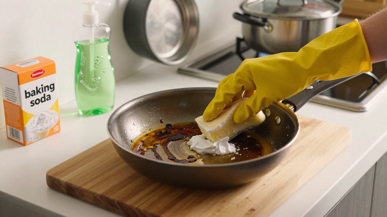 Hand mit gelbem Gummihandschuh reinigt angebrannte Pfanne mit Schwamm und Backpulver auf Holzunterlage.