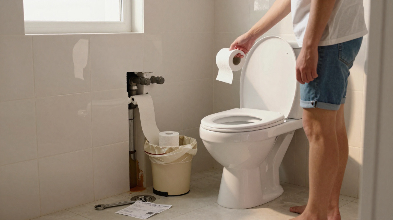 Mann hält Toilettenpapier neben geöffnetem WC in schlichtem Badezimmer mit gelbem Mülleimer und Reparaturwerkzeug.