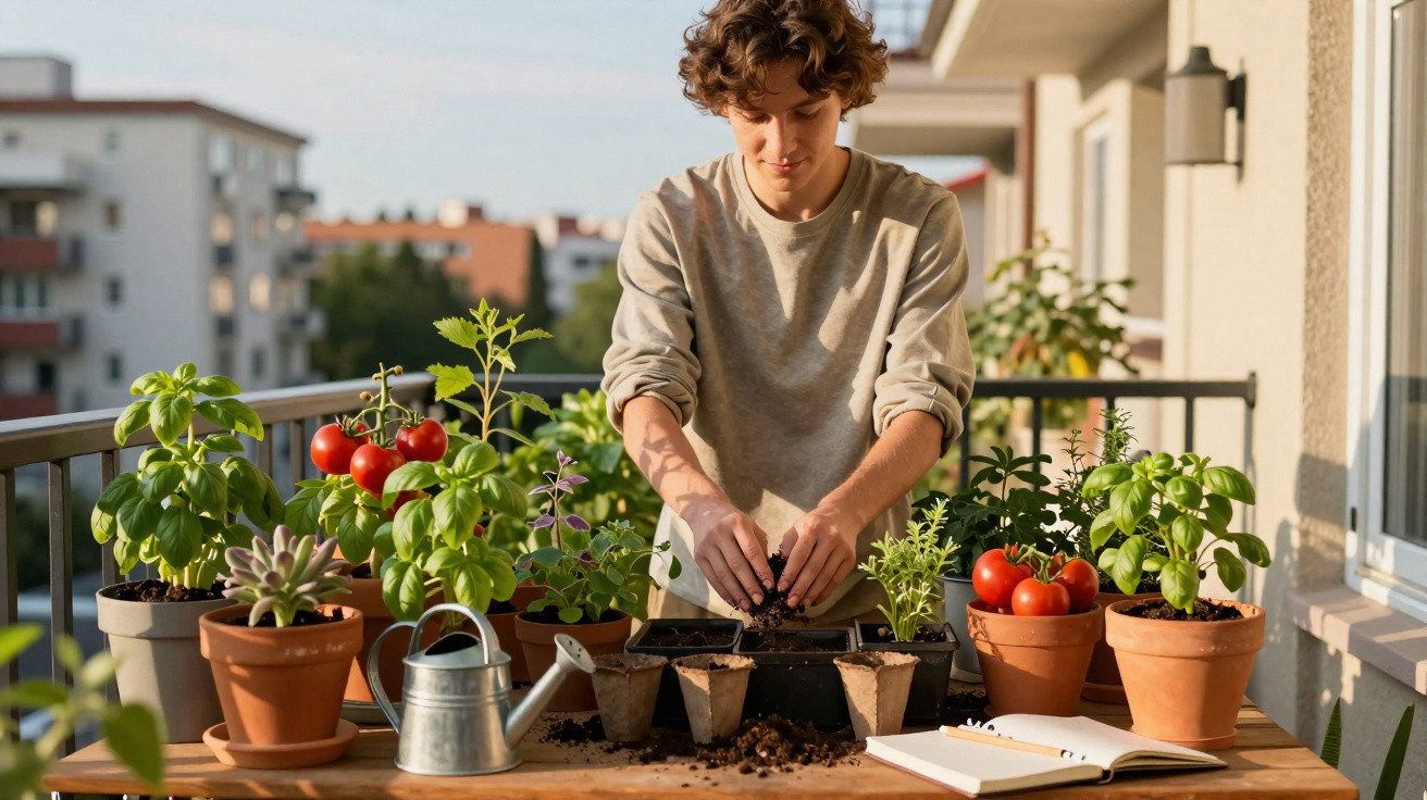 Junger Mann pflegt Kräuter und Tomatenpflanzen auf Balkon, umgeben von Töpfen und Gießkanne bei Sonnenschein.