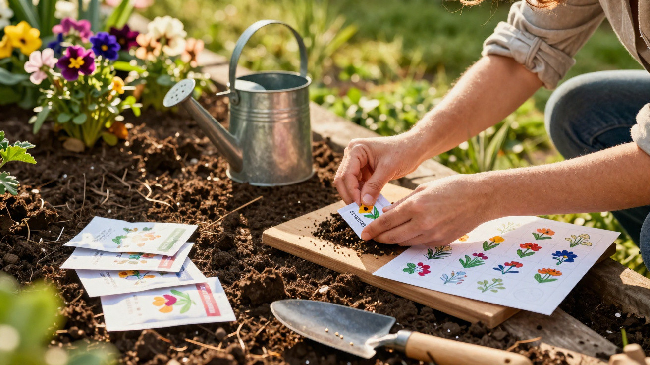 Person pflanzt Samen aus Saatgut-Tütchen in ein frisch vorbereitetes Blumenbeet im Garten.