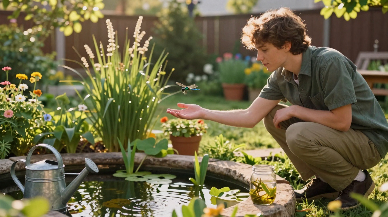 Junger Mann hockt am Gartenteich und beobachtet eine Libelle auf seiner ausgestreckten Hand.