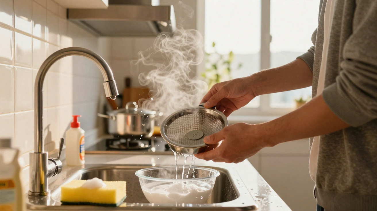 Person hält ein Sieb über die Spüle und lässt heißes Wasser in eine schäumende Schüssel ablaufen.