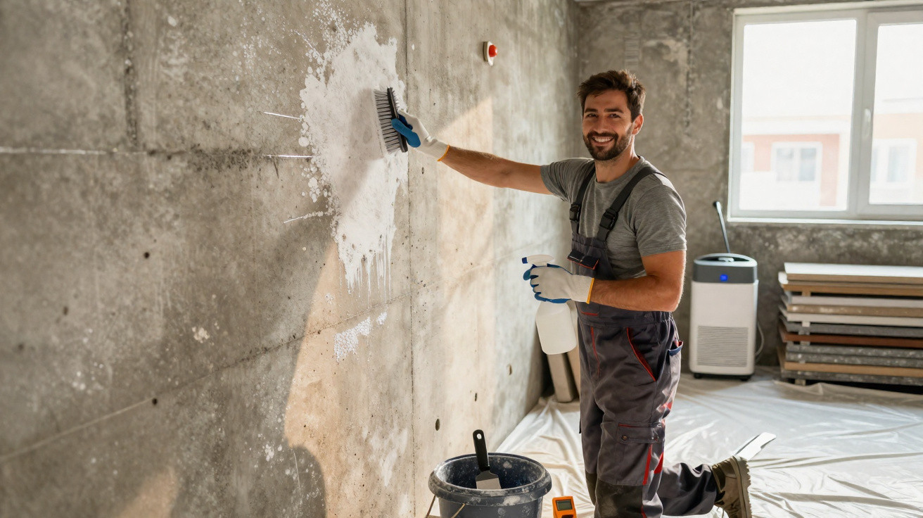 Mann in Arbeitskleidung reinigt Wand mit Bürste und Sprühflasche in einem hellen Raum.