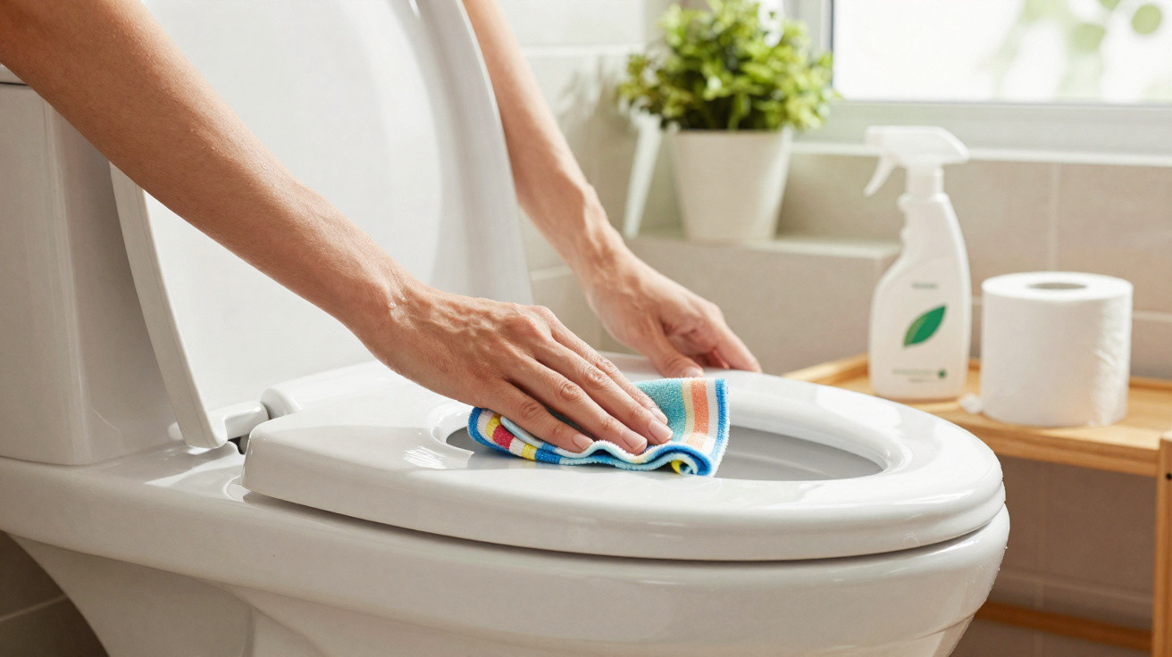 Hände reinigen WC-Sitz mit buntem Tuch in hellem Badezimmer mit Putzmittel und Toilettenpapier.