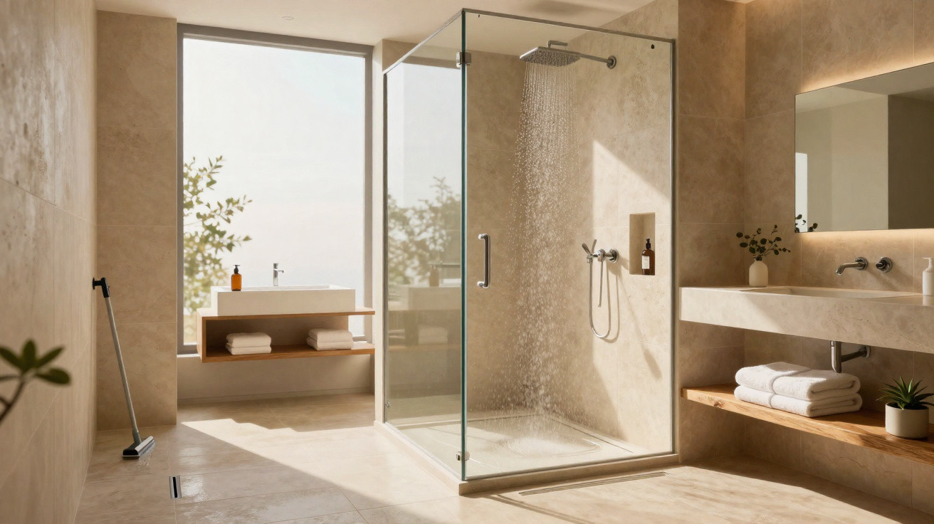 Modernes Badezimmer mit ebenerdiger Glasdusche, großem Fenster und minimalistischer Einrichtung in warmen Naturtönen.