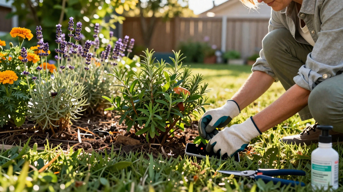 Person mit Handschuhen bearbeitet Kräuterbeet im Garten bei Sonnenschein, Gartenwerkzeuge liegen im Gras.