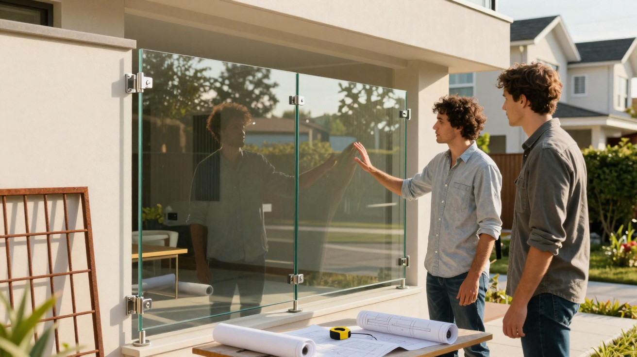 Zwei Männer besprechen einen Glasbalustraden-Entwurf vor einem modernen Haus mit Bauplänen auf dem Tisch.