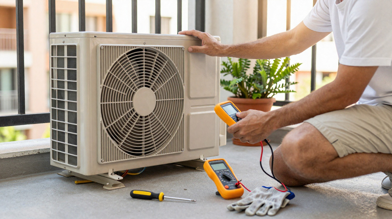 Techniker überprüft Klimaanlage mit Messgeräten auf Balkon, neben Schraubenzieher und Schutzhandschuhen.
