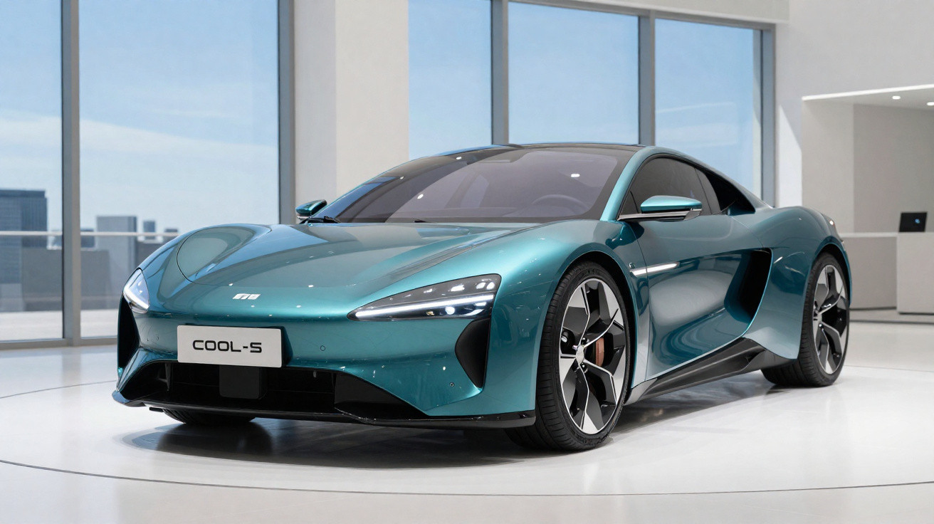 Blaugrüner sportlicher Elektroauto Cool-S ohne Fahrer in modernem Ausstellungsraum mit großen Fenstern.