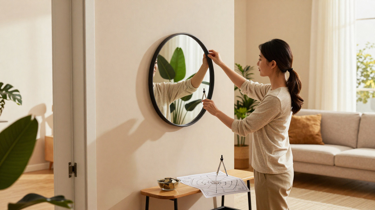 Frau hängt runden Spiegel an eine Wand in modern eingerichteten Wohnzimmer mit Pflanzen und Sofa.