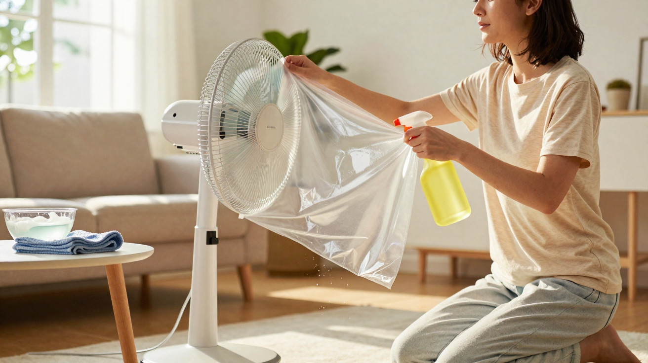 Frau sprüht mit gelbem Spray Wasser auf einen Ventilator mit Plastikfolie für Kühleffekt im Wohnzimmer.