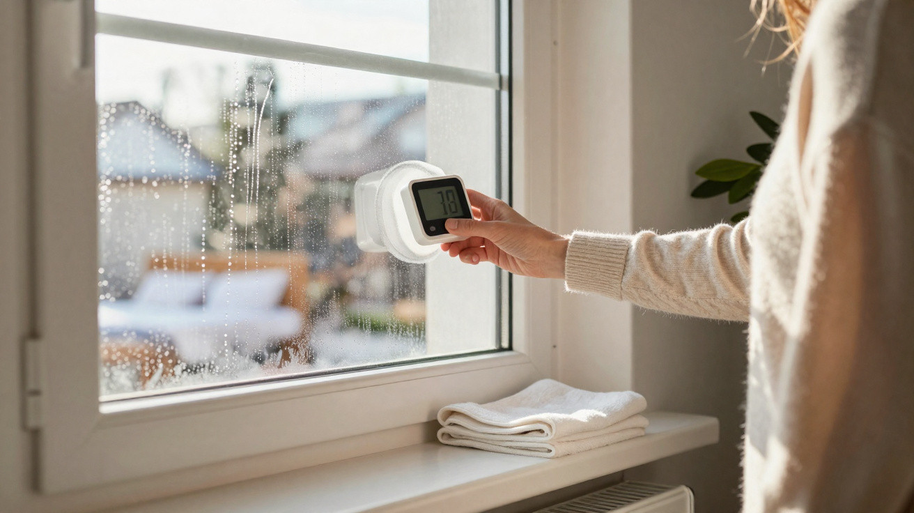 Person misst die Innentemperatur eines Fensters mit einem digitalen Thermometer bei Tageslicht.