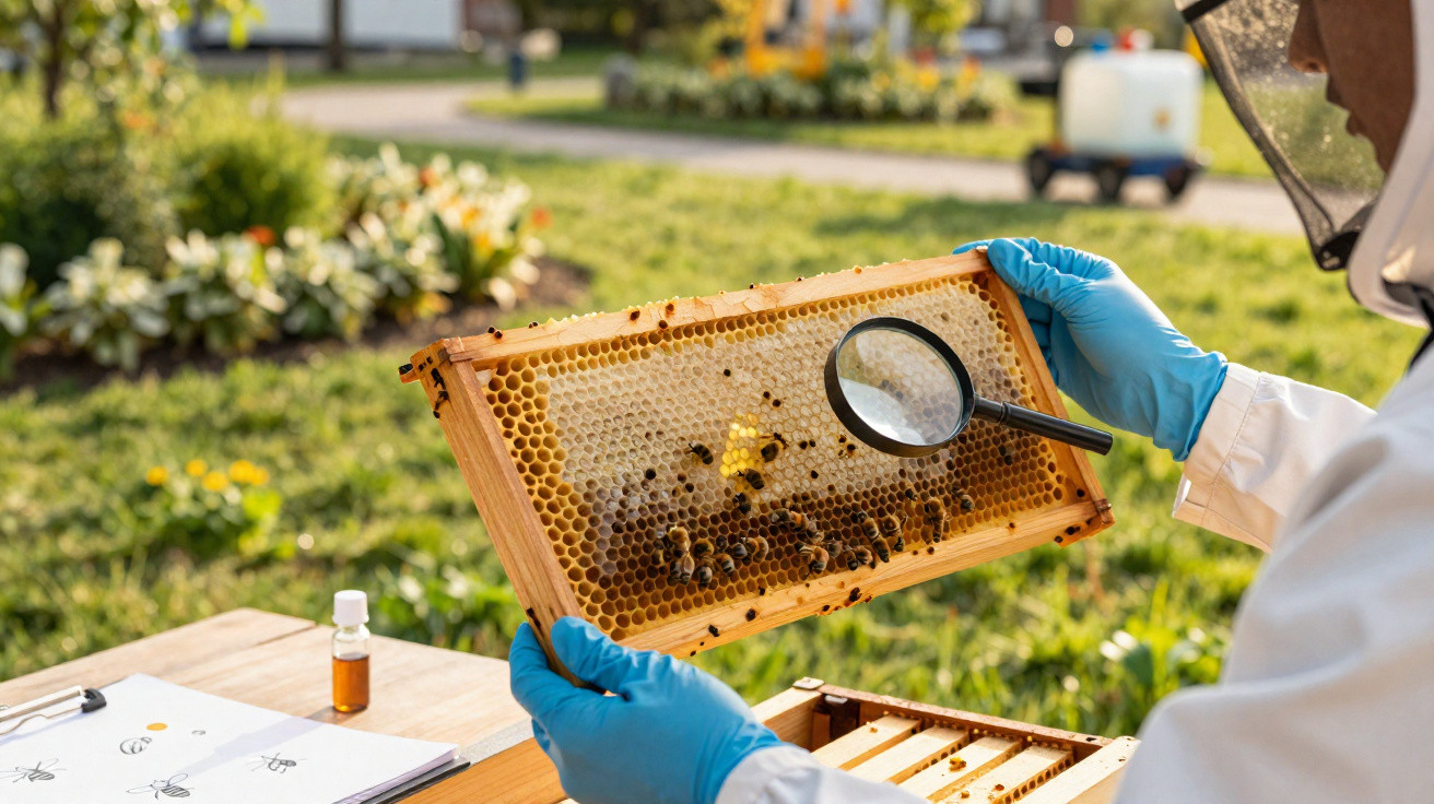 Imker mit Schutzkleidung untersucht Bienenwabe mit Lupe im sonnigen Garten.