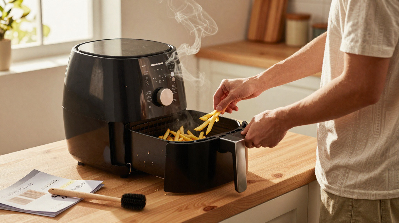 Heißer Dampf steigt aus einem offenen Frittierkorb einer schwarzen Heißluftfritteuse mit Pommes Frites.