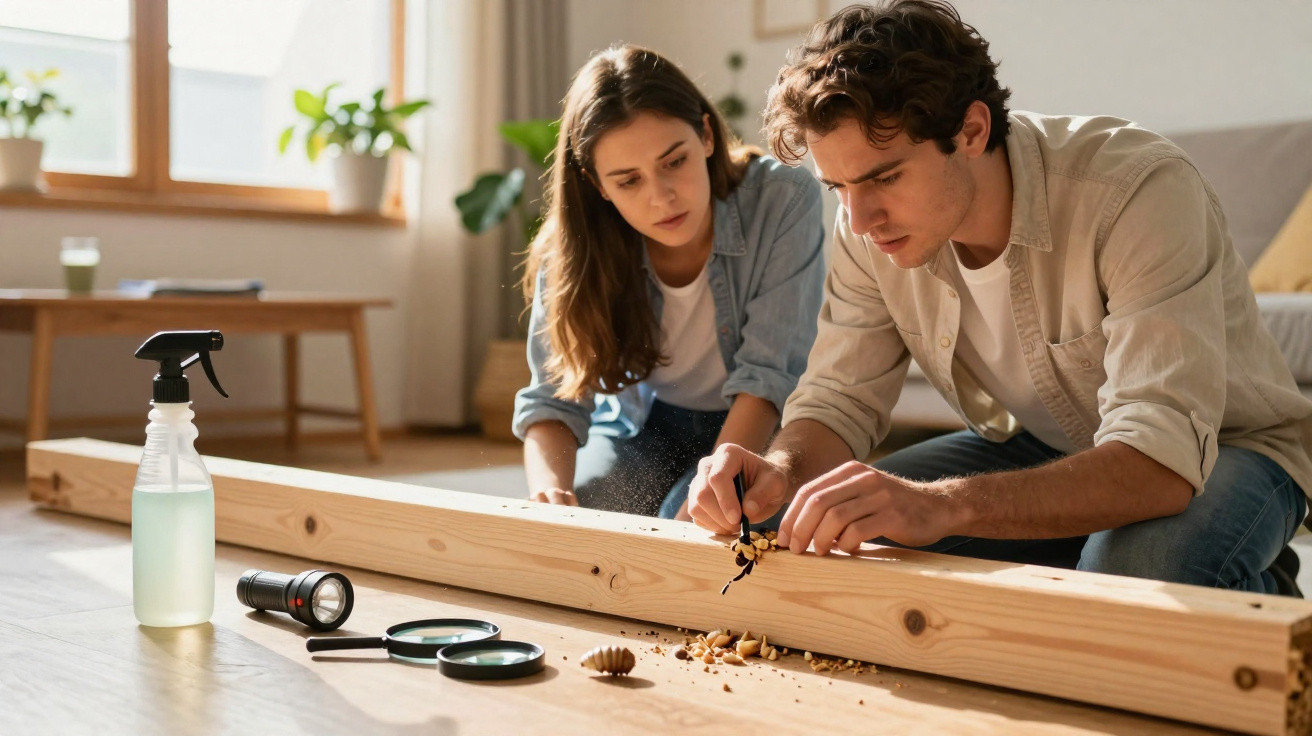 Junges Paar untersucht Holz mit Lupe und Taschenlampe bei Tageslicht in hellem Wohnzimmer.
