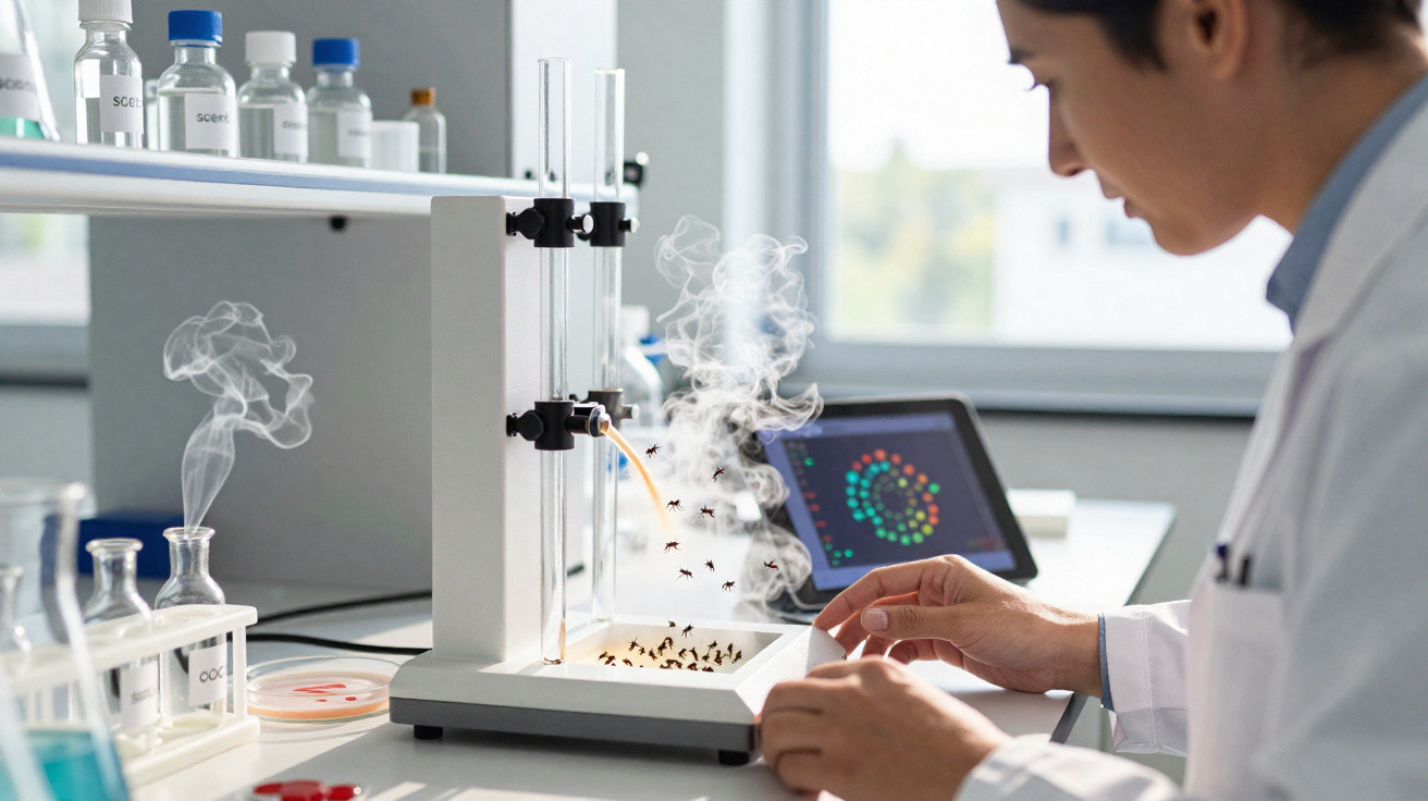 Wissenschaftler im Labor beobachtet Insekten bei Untersuchung mit Analysegerät und Dampfaustritt.