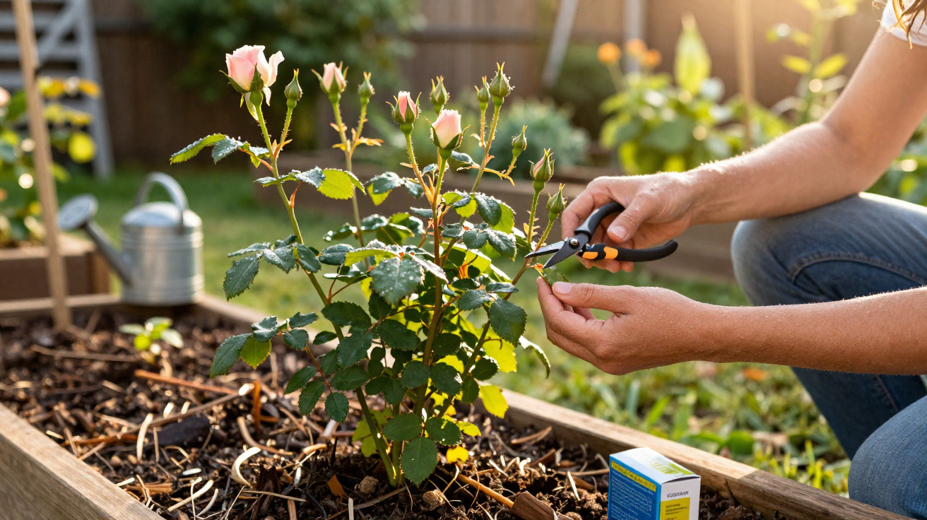 Person schneidet mit Gartenschere Blätter an einer gezogenen Rosenpflanze im Hochbeet zurück.