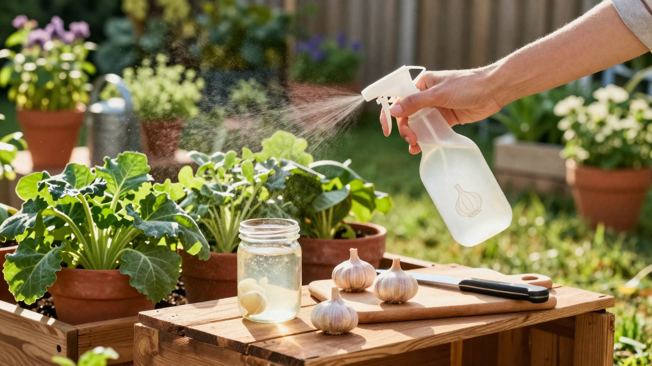 Hand sprüht Knoblauch-Wasser auf Pflanze im Garten auf Holztisch mit Knoblauchknollen und Messer.