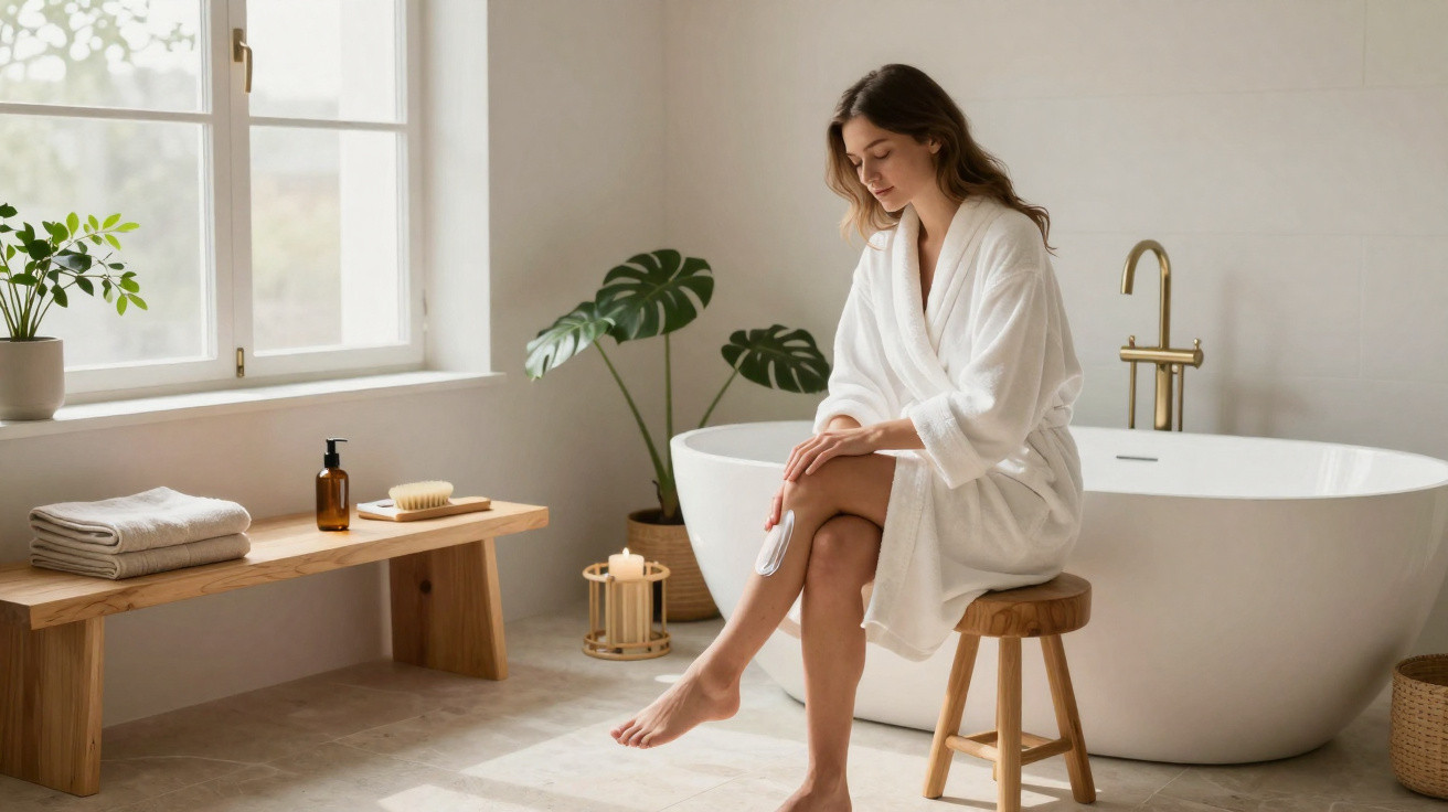Frau im weißen Bademantel cremt sich im hellen Badezimmer am Fenster neben freistehender Badewanne ein.