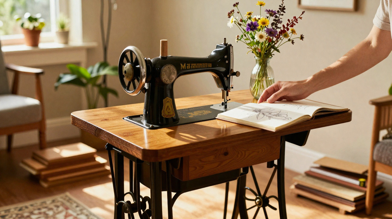 Alte schwarze Nähmaschine auf Holztisch mit Hand, die ein Buch und eine bunte Blumenvasen berührt.