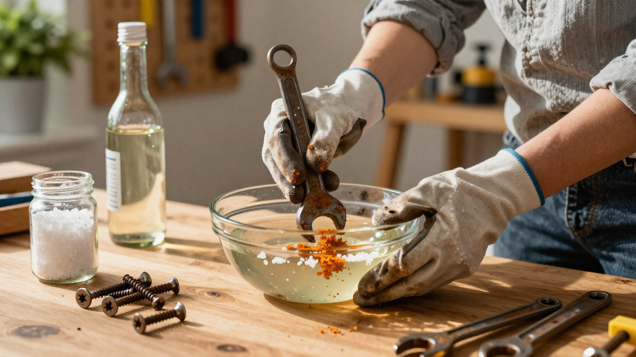 Person mit Handschuhen reinigt verrosteten Schraubenschlüssel in Glasschüssel mit Flüssigkeit am Holztisch