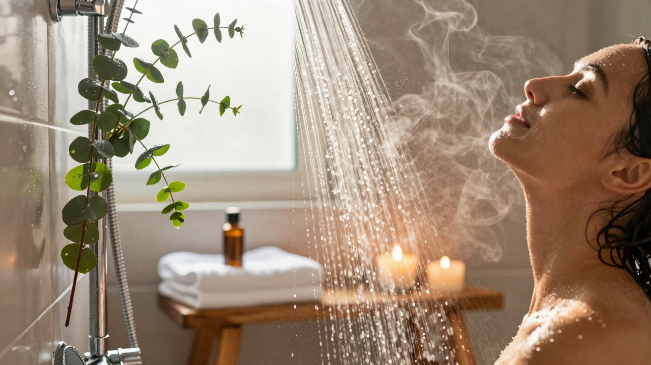 Frau entspannt unter heißer Dusche mit Dampf, grünen Blättern und brennenden Kerzen im Hintergrund.